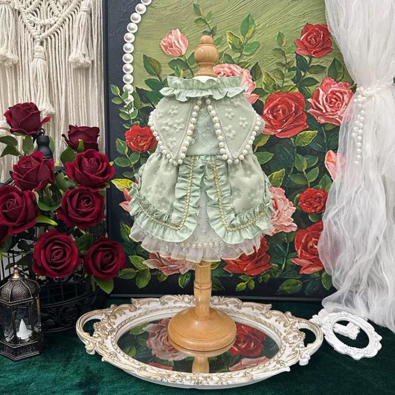 Floral pearls ruffle lace dress (green) (D001 c072)